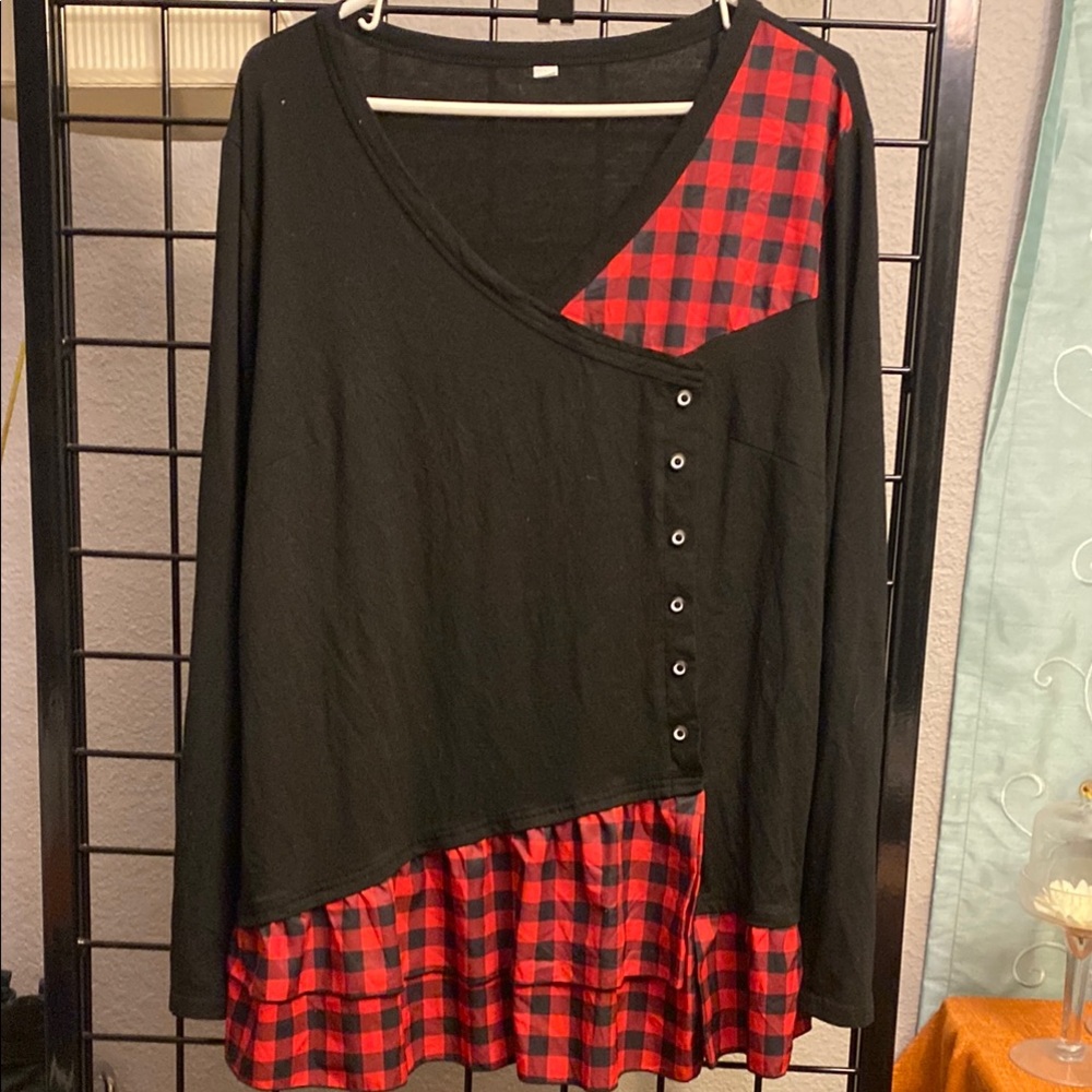 Black and Red Plaid Asymmetrical Top